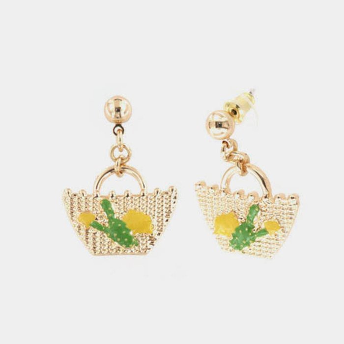 Metal earrings with hanging basket, prickly pear and Sicilian lemons