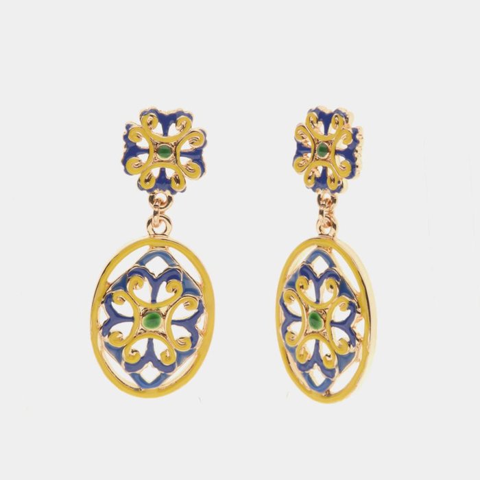 Boucles d'oreilles en métal avec fleurs en majolique émaillées bleues et jaunes