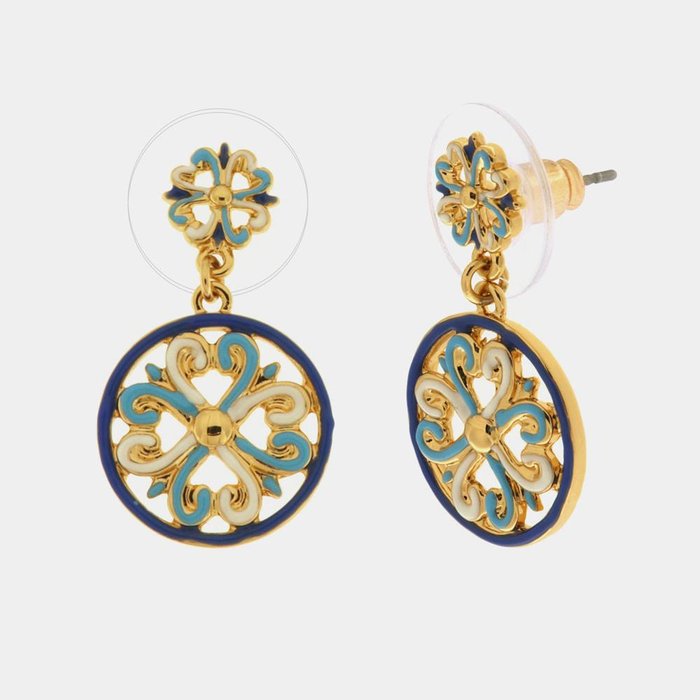 Metal earrings with colored majolica pendant