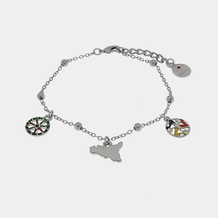 Cavigliera in Metallo con charms Sicilia e ruota carretto, impreziositi da smalti colorati