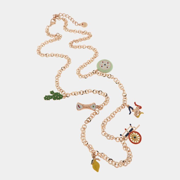 Metal Necklace with Sicilian Charms, Coffa, Lucky Horn, Cassata