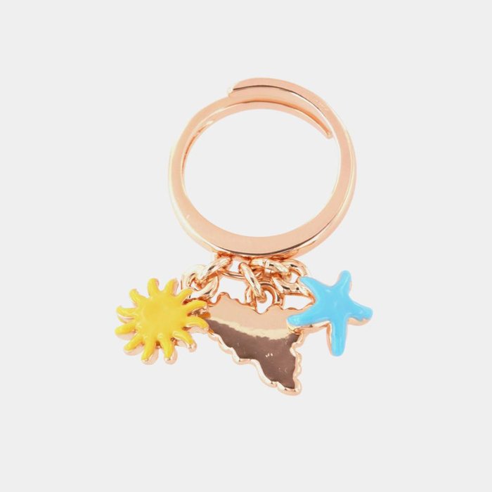 Metal ring with Sicily, sun and starfish pendants, embellished with colored enamels