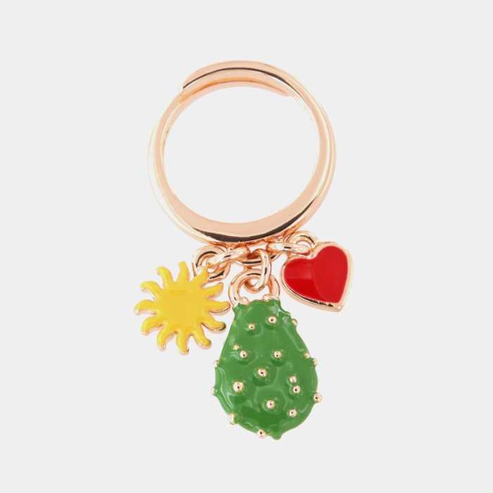 Metal ring with prickly pear, sun and heart charms, embellished with colored enamels