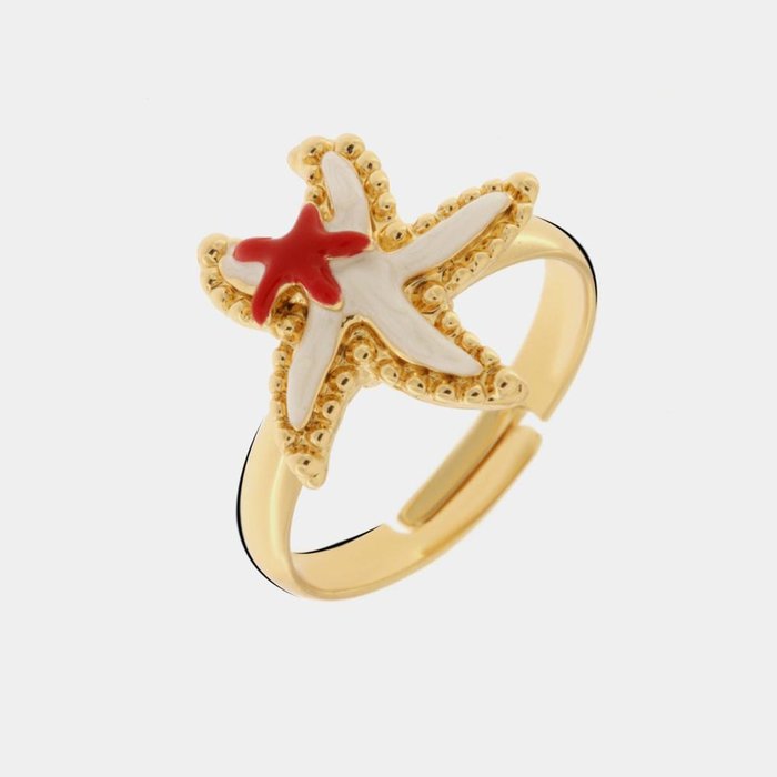 Metal ring with starfish and colored enamels