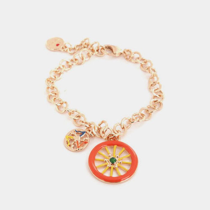 Bracciale in Metallo maglia rolò, con ruota carretto siciliano pendente impreziosita da smalti colorati