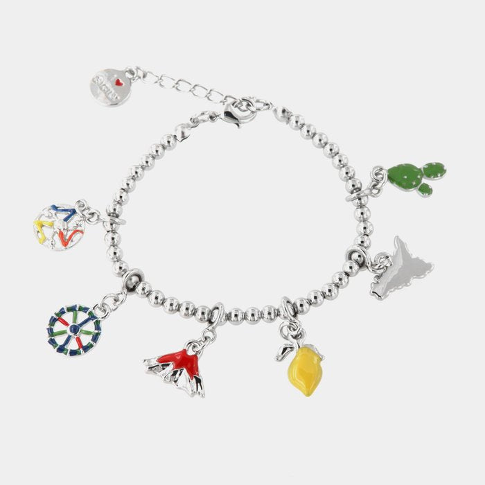 Bracciale in Metallo con charm siciliani, vulcano Etna, fico d'india e limone