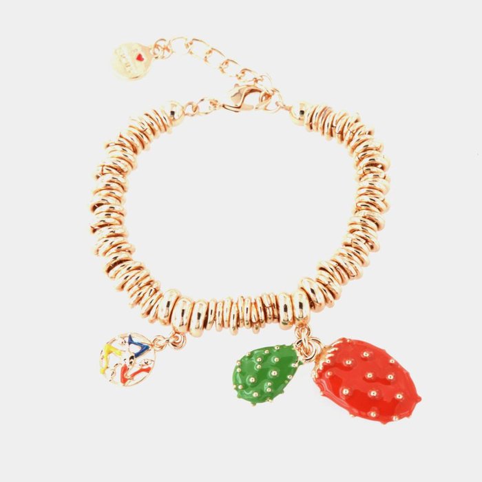 Metal bracelet with ring mesh and prickly pear pendants, embellished with colored enamels