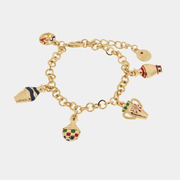 Metal bracelet with rolo mesh, multi-pendant, with hanging amphorae, embellished with colored enamels