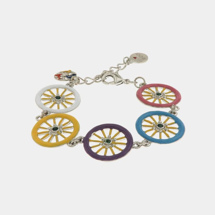 Bracelet en métal avec roues de charrette sicilienne ornées d'émaux colorés