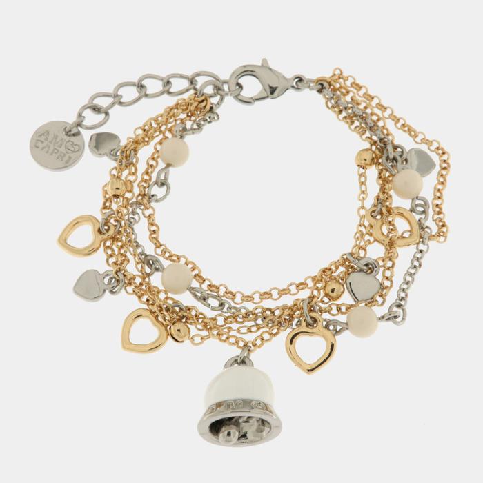 Metal bracelet with heart-shaped charms and white enamel bell