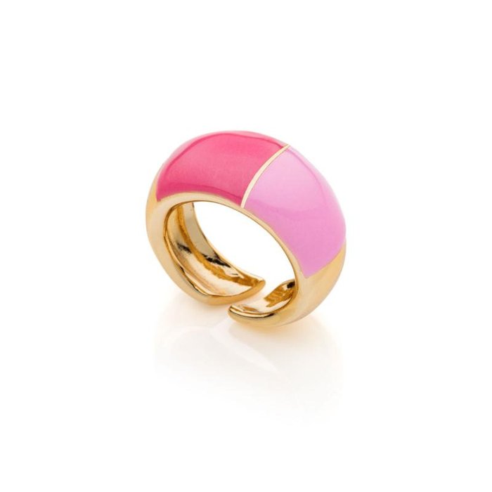 Anello in bronzo dorato con smalto fucsia e rosa