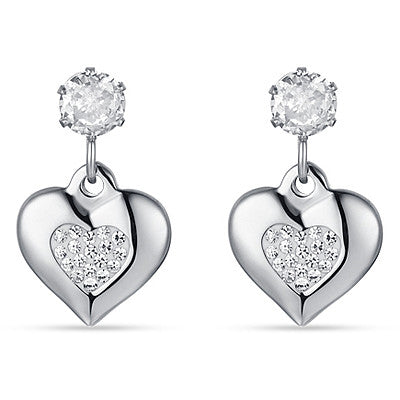 BOUCLES D'OREILLES FEMME EN ACIER AVEC COEURS ET CRISTAUX BLANCS