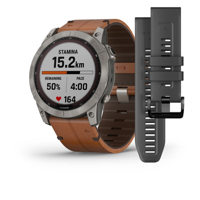 Fēnix® 7X – Sapphire Solar Edition, Titanium con cinturino in pelle Chestnut e cinturino in silicone Graphite