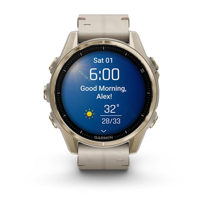 Fēnix® 8 - 43 mm, AMOLED, saphir, or rose avec bracelet en cuir ivoire