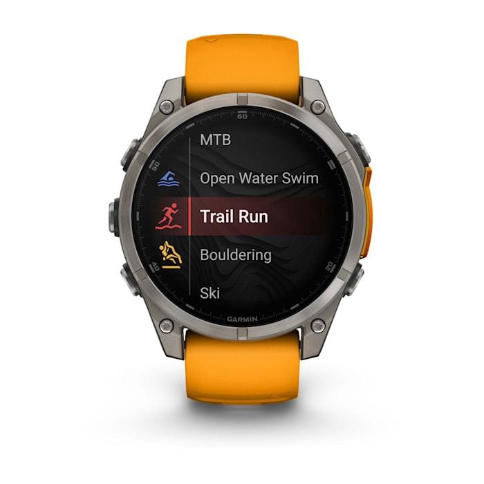 Fēnix® 8 - 47 mm, AMOLED, Sapphire, Titanium con cinturino in silicone Spark Orange/grafite