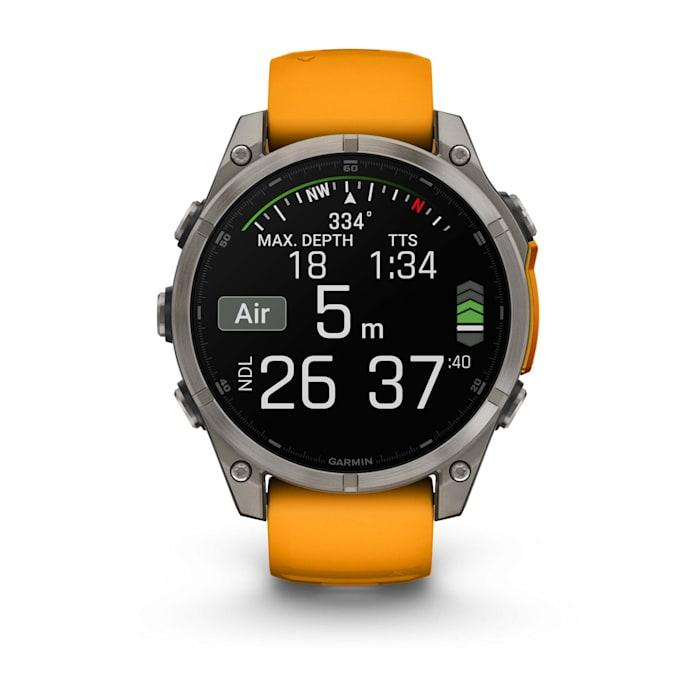 Fēnix® 8 - 47 mm, AMOLED, Sapphire, Titanium con cinturino in silicone Spark Orange/grafite