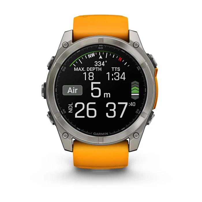 Fēnix® 8 - 51 mm, AMOLED, Sapphire, Titanium con cinturino in silicone Spark Orange/grafite