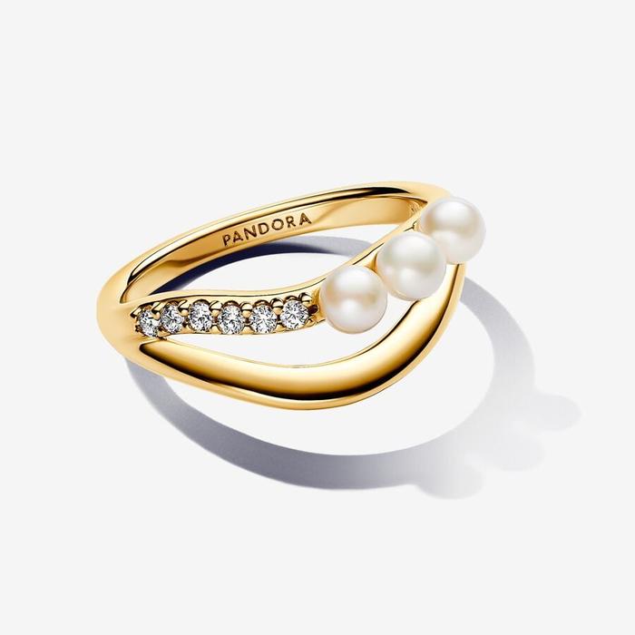Anello Linea Sinuosa con Perle d’Acqua Dolce Coltivate e Pavè