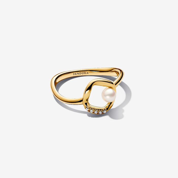 Anello Cerchio Linea Sinuosa con Perla d'Acqua Dolce Coltivata e Pavè