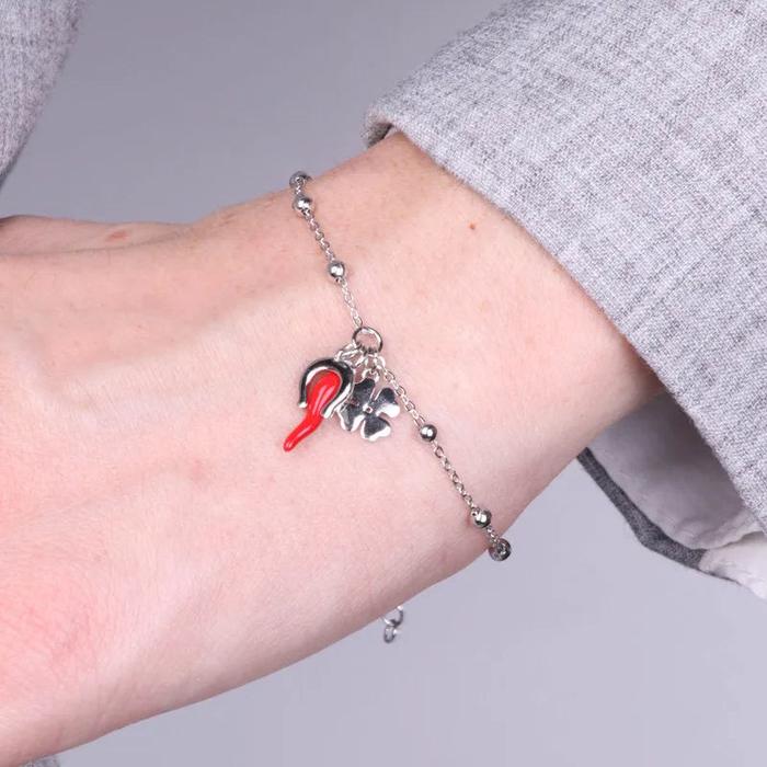 Bracciale in Argento 925 con corno rosso, quadrifoglio e ferro di cavallo