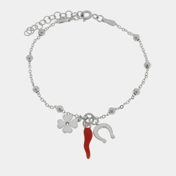 Bracciale in Argento 925 con corno rosso, quadrifoglio e ferro di cavallo