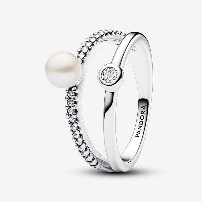 Anello Doppia Fascia con Perla d’Acqua Dolce Coltivata e Pavè
