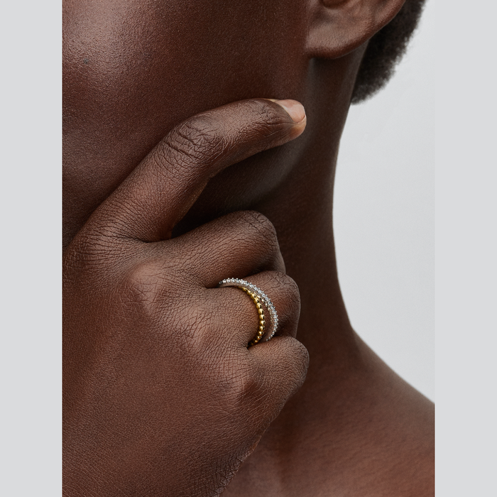 Anello Fascia Intrecciata Sfere e Pavé