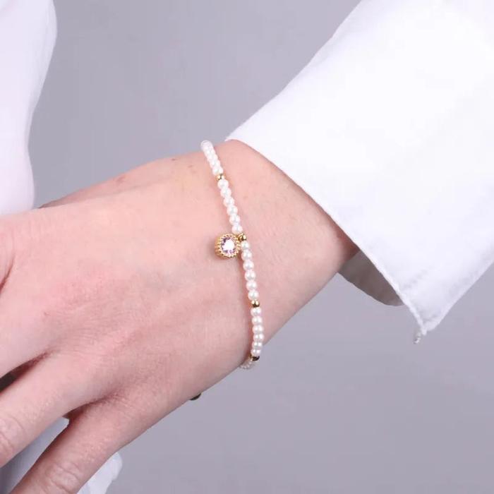 Bracciale in Acciaio con giro di perle e cristallo rosa