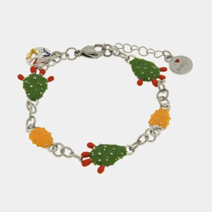 Bracciale in Acciaio con tris di fichi d'india impreziositi da smalti colorati