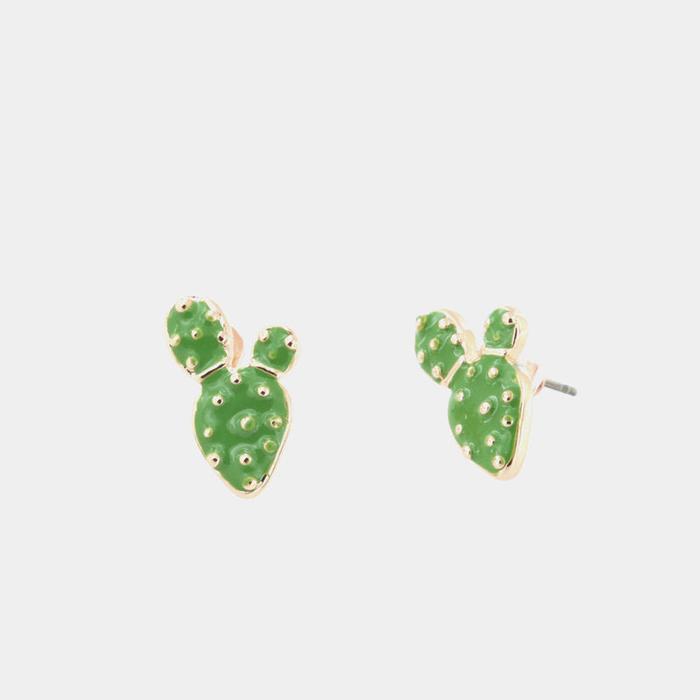 Boucles d'oreilles à tige en métal, avec des figues de Barbarie ornées d'émail vert