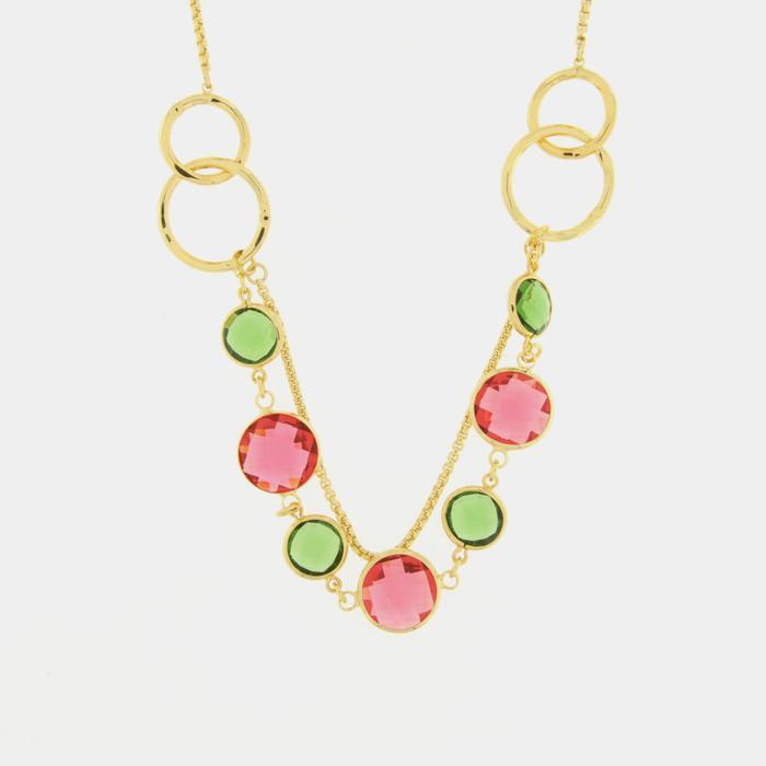 Collier en métal avec cristaux rouges et verts