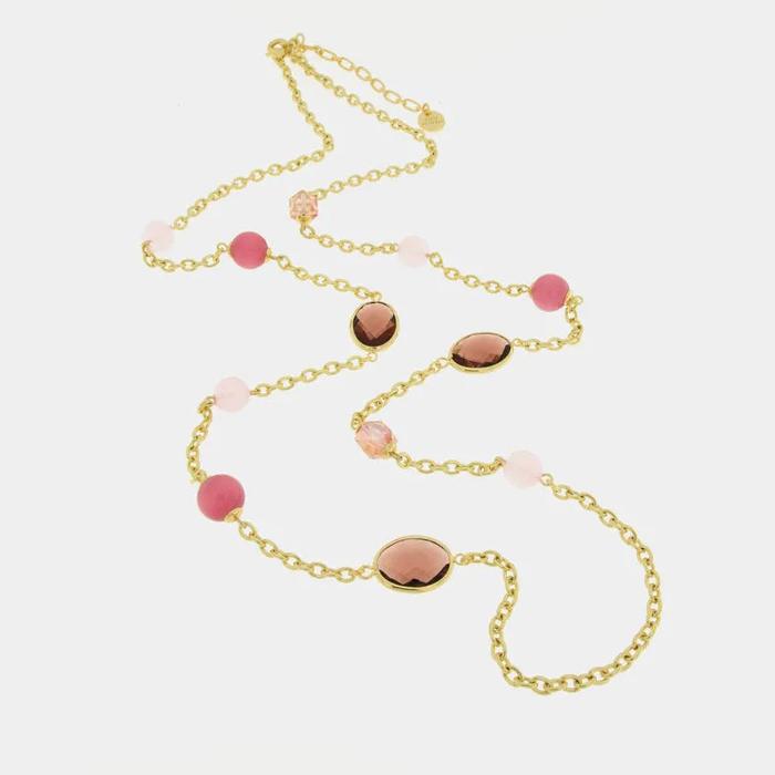 Collana in Metallo lunga con cristalli e perle rosa