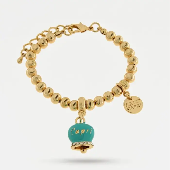 Bracciale in Metallo con campanella portafortuna blu turchese e cristalli