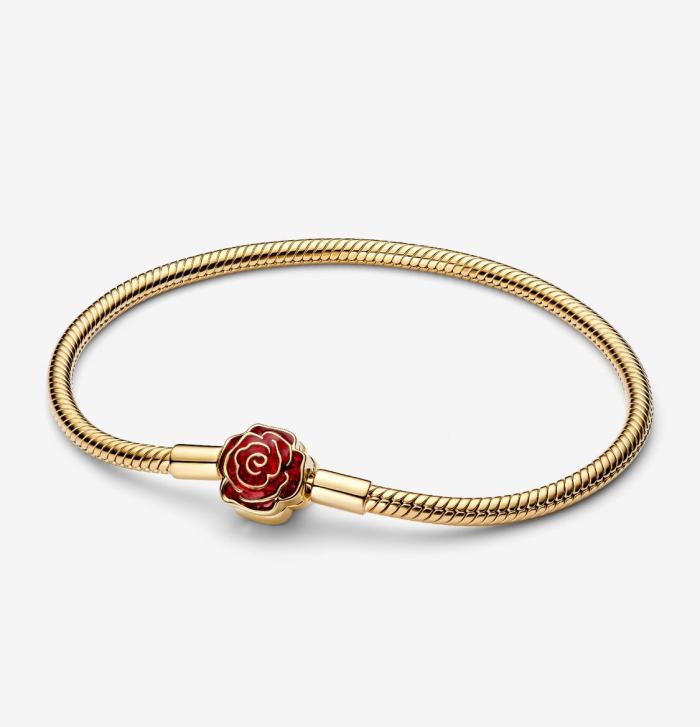 Disney, La Bella e la Bestia, Bracciale Con Chiusura Rosa Incantata Vetro di Murano