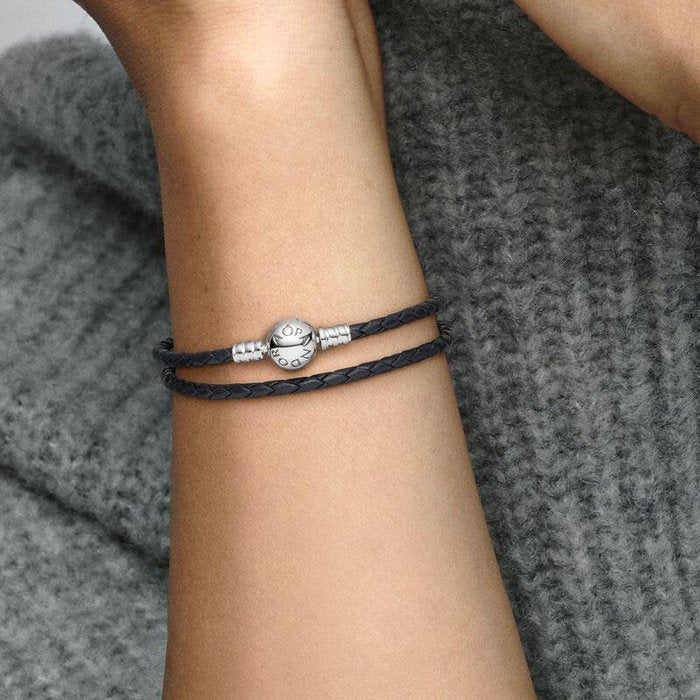 Bracelet double en cuir noir