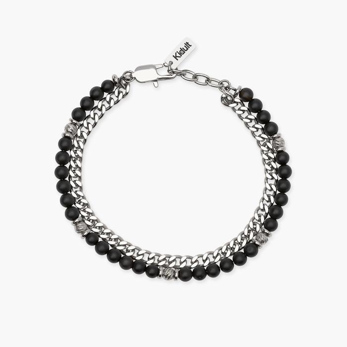 Bracciale uomo con catena groumette e catena con sfere diamantate e agata nera Style  37