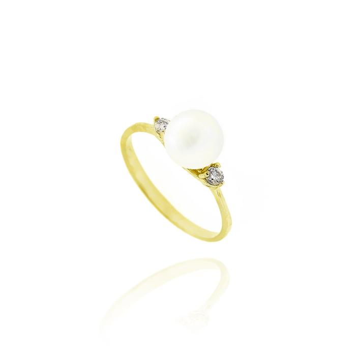 Bague en or véritable avec perle et zircon