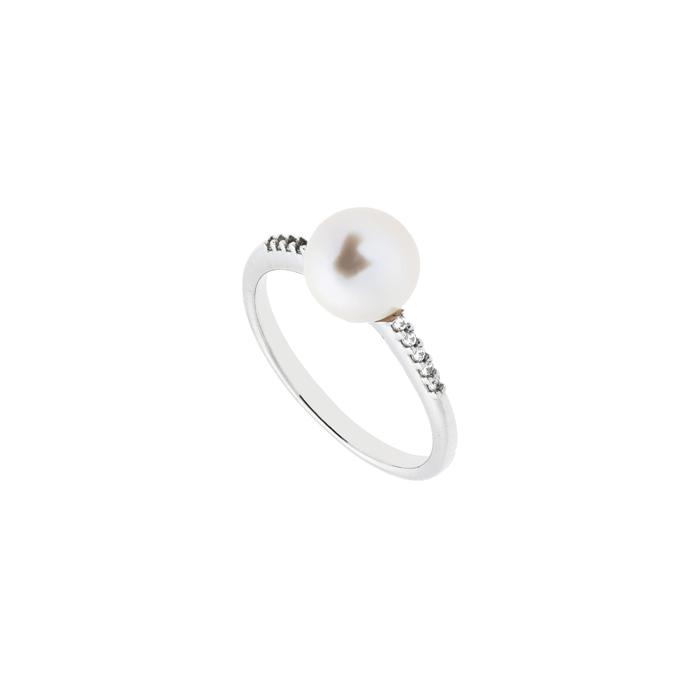 Bague en or véritable avec perle et zircon