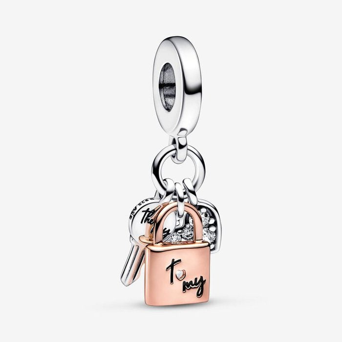 Charm Pendente Chiave, Lucchetto e Cuore
