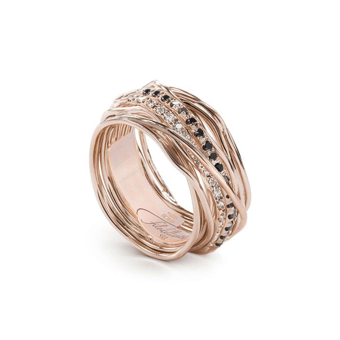 Filodellavita Classic 13 brins en or rose 9 carats avec double rivière de diamants blancs et de diamants noirs