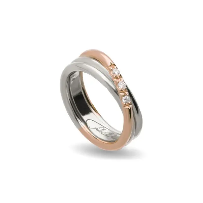 Filodellavita Classic 3 fils épais en or rose 9 carats, argent 925 et 3 diamants blancs