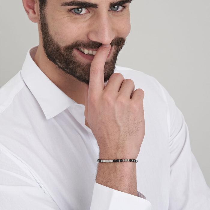 BRACELET HOMME EN ACIER AVEC PIERRES D'AGATE NOIRE