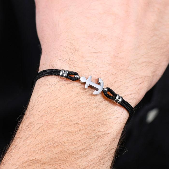 BRACELET HOMME EN CORDE NOIRE ET ANCRE