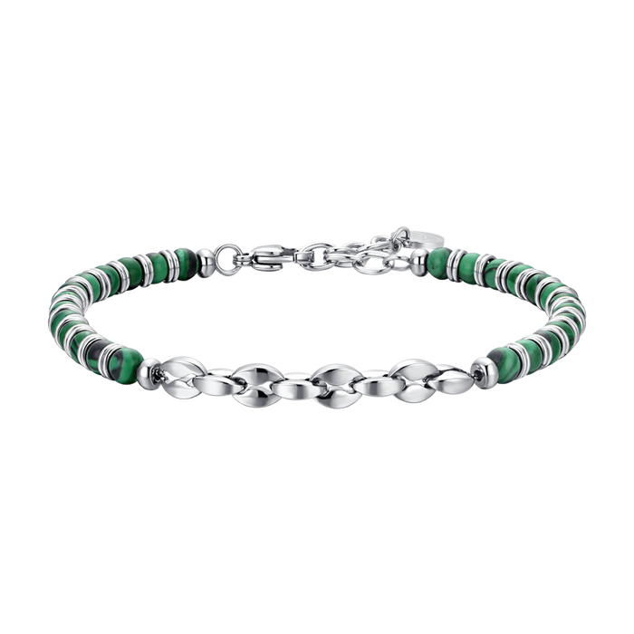 BRACELET EN ACIER POUR HOMME AVEC PIERRES VERTES ET ÉLÉMENTS EN ACIER