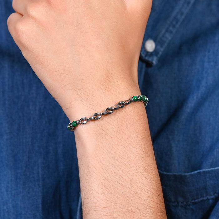 BRACELET EN ACIER POUR HOMME AVEC PIERRES VERTES ET ÉLÉMENTS EN ACIER