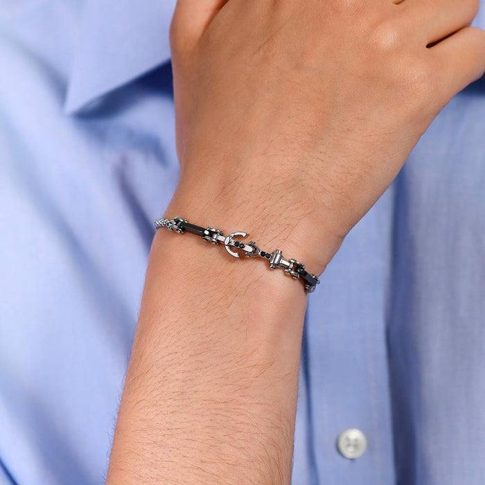 BRACELET HOMME EN ACIER ANCRE ET CRISTAL NOIR