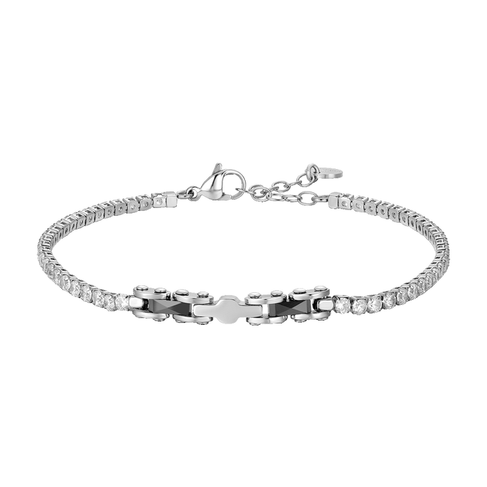 BRACCIALE TENNIS UOMO IN ACCIAIO CON CERAMICA NERA E ZIRCONI BIANCHI