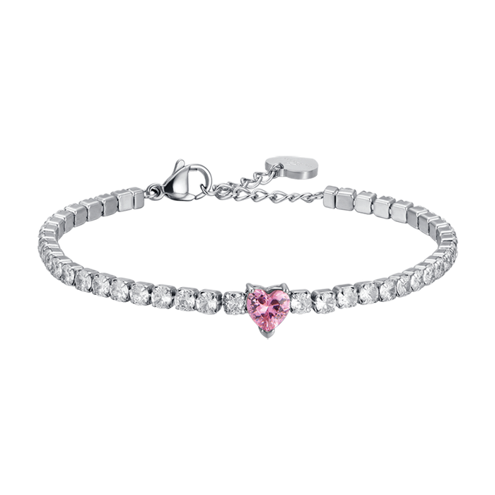 BRACCIALE DONNA IN ACCIAIO CON CRISTALLI BIANCHI E CUORE CRISTALLO ROSA