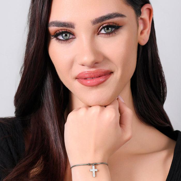 GAVU Bracciale Donna Argento 925 Con Croce E Zircone - Regolabile 13-19 Cm, Anche In Oro E Oro Rosa