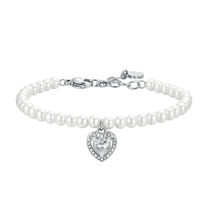 BRACCIALE DONNA IN ACCIAIO PERLE E CUORE ZIRCONE BIANCO